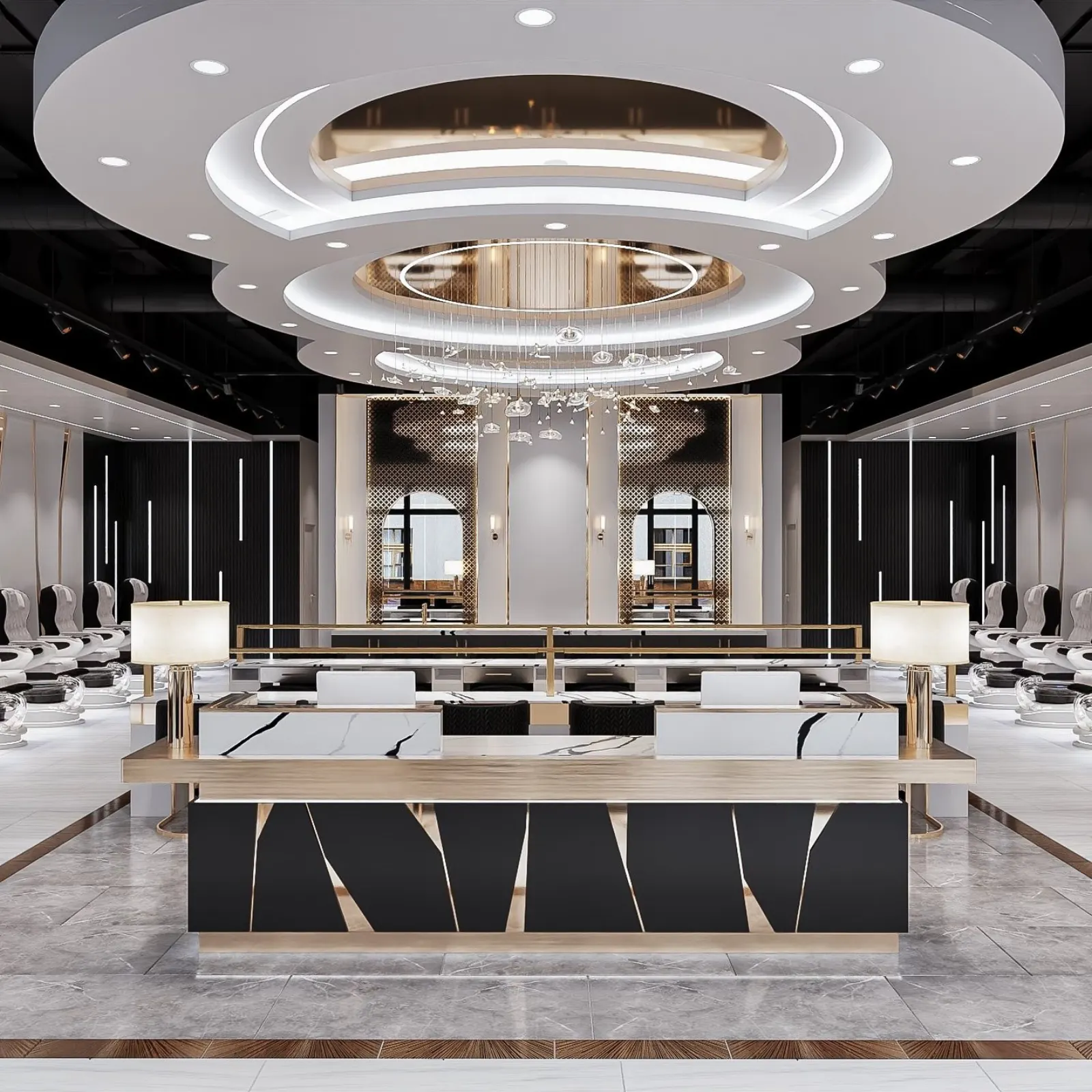 Interior of Luxx Nail Bar — luxury Georgetown nail salon with marble manicure tables, gold accents, and crystal chandelier